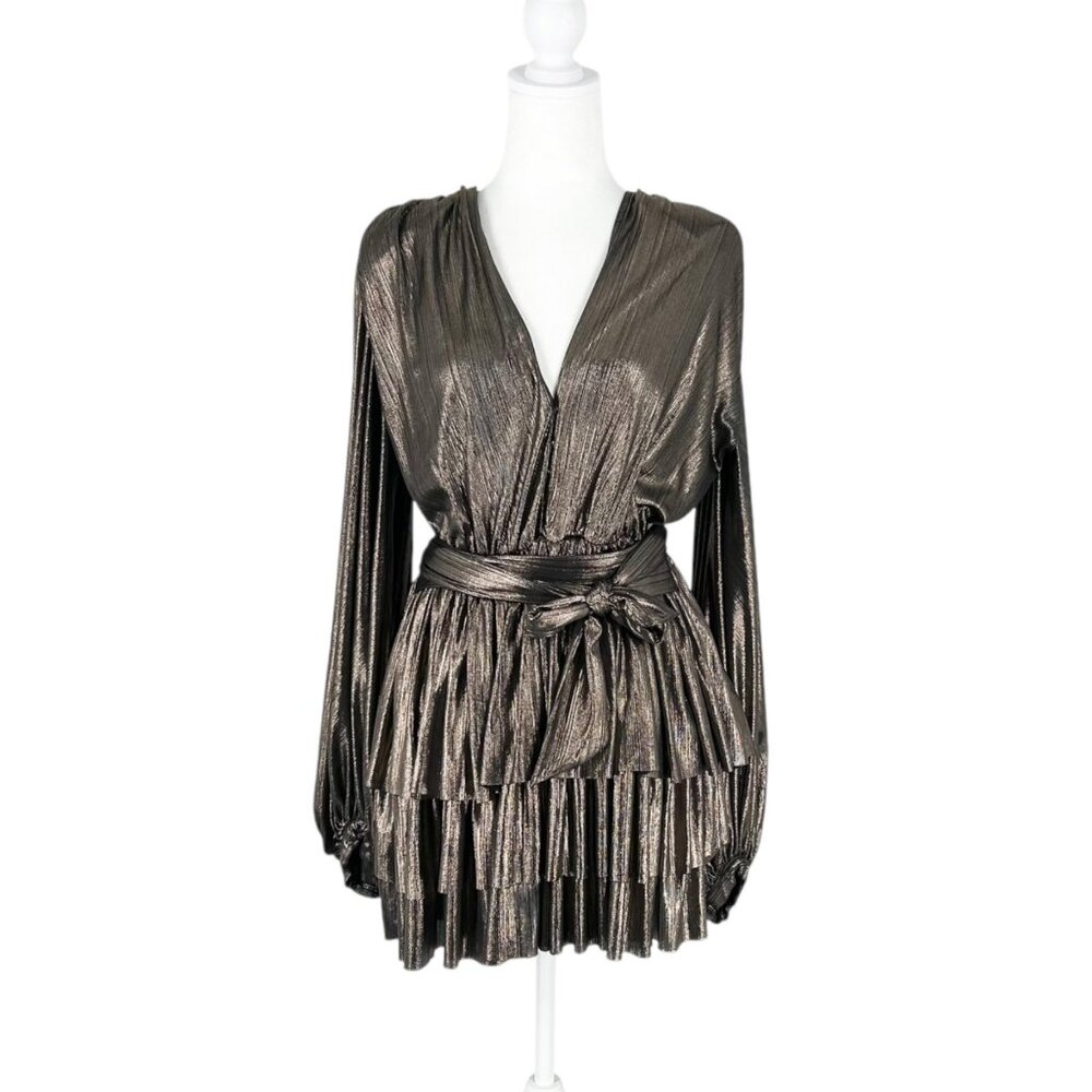 Bronx & Banco Bedouin Metallic Gold Tie Waist Mini Dress - Picture 2 of 9